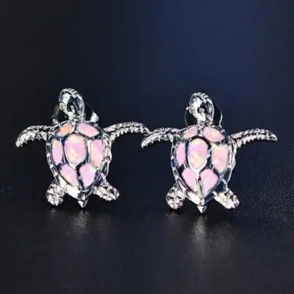 Petal Pink Fire Opal Sea Turtle Earrings - Picture 4 of 6